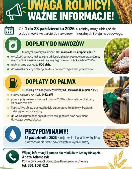 Dopłaty do nawozów i paliwa rolniczego – wnioski tylko do 23 października