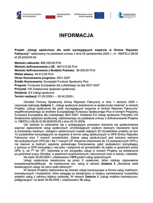 Gmina Rejowiec Fabryczny stawia na opiekę nad seniorami – rusza projekt wart blisko milion złotych