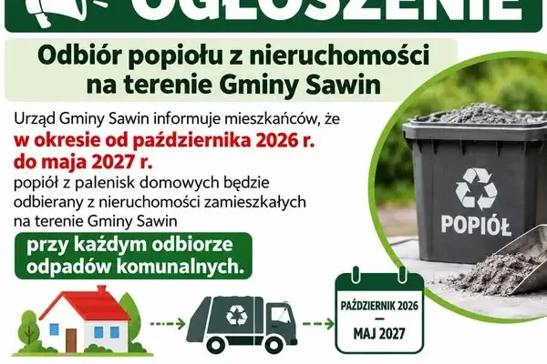 Gmina Sawin: Popiół z palenisk domowych odbierany przy każdej zbiórce odpadów komunalnych