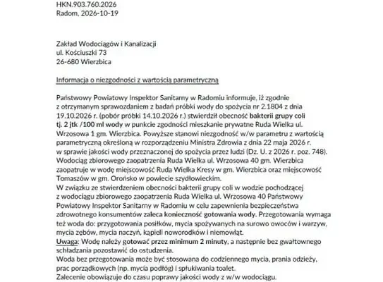 Bakterie coli w wodociągu Ruda Wielka – sanepid zaleca gotowanie wody