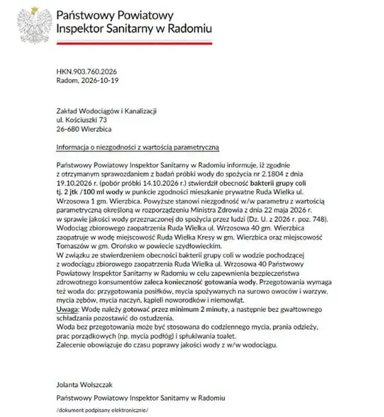 Bakterie coli w wodociągu Ruda Wielka – sanepid zaleca gotowanie wody