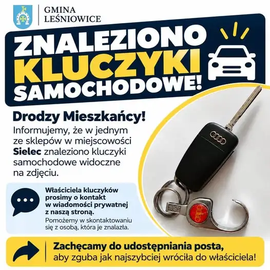 Zgubione kluczyki samochodowe w Sieclu – gmina Leśniowice apeluje o pomoc
